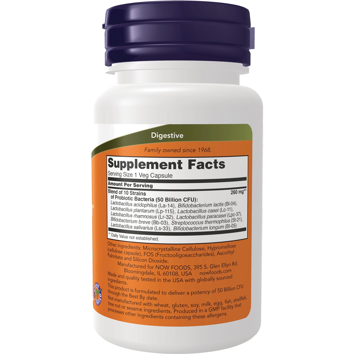 NWF344 | Back of white supplement bottle with orange label showing Supplement Facts and ingredient text, purple cap