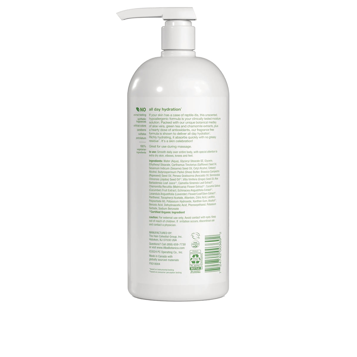 ABA006 | Back label of white pump bottle showing ingredients, barcode and visible text 'all day hydration'
