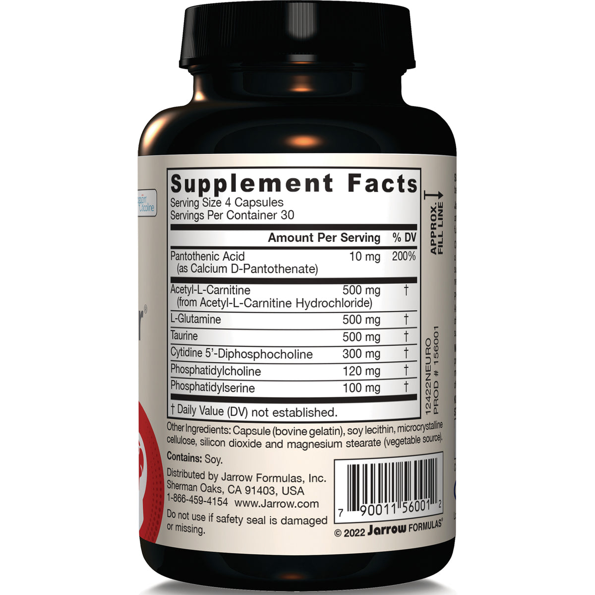 JR033 | Supplement Facts label and ingredient list on bottle back showing serving size, nutrient amounts, and barcode