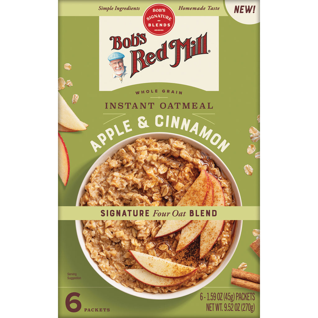 BOB486 | Bob's Red Mill Instant Oatmeal Apple & Cinnamon front packaging with bowl and 6 packets - Thumbnail
