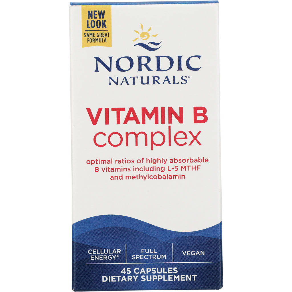 NRN099 | Nordic Naturals Vitamin B Complex box front showing VITAMIN B complex, New Look banner and 45 capsules dietary supplement - Thumbnail