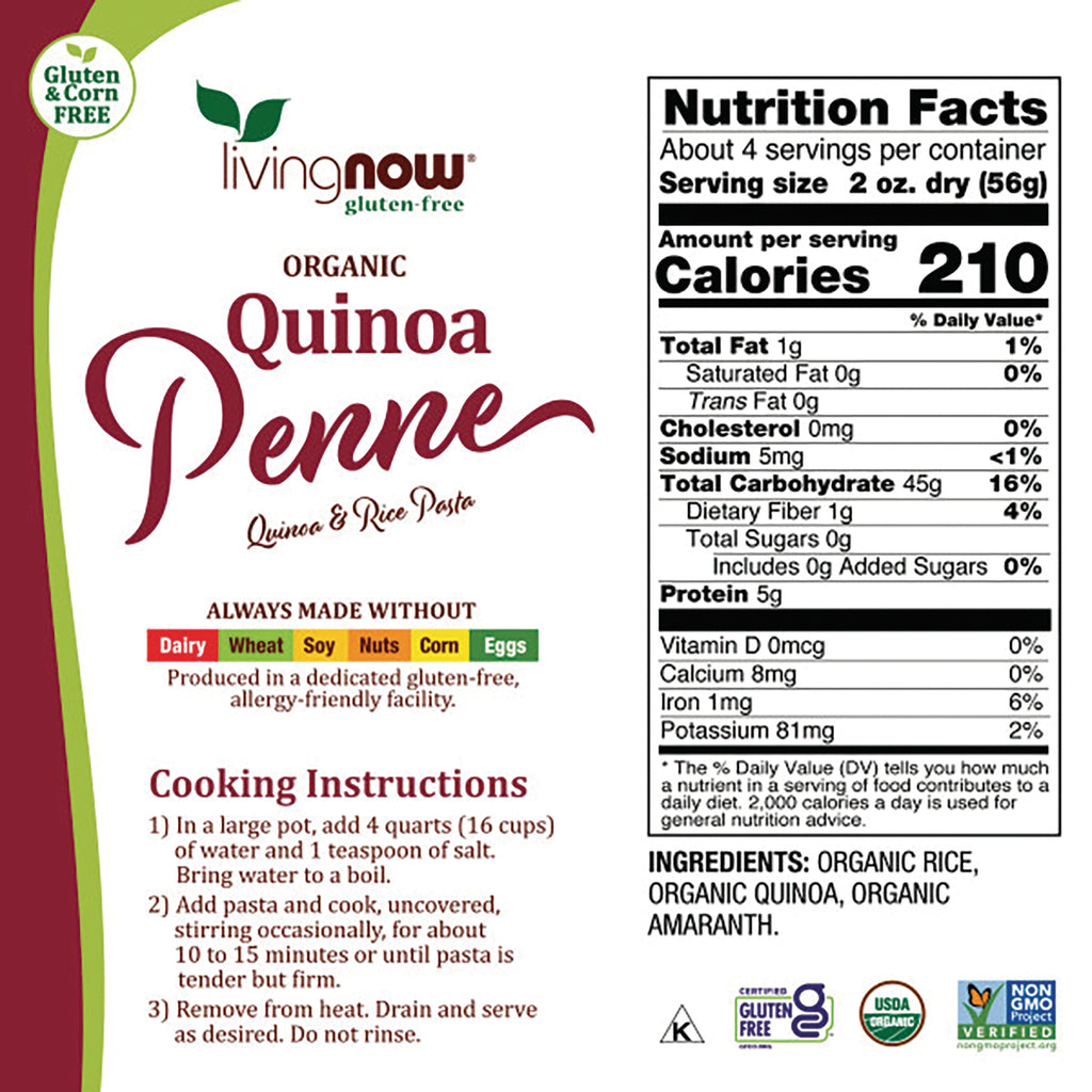 NWF1269 | Living Now Organic Quinoa Penne back label with Nutrition Facts, ingredients, and cooking instructions - Thumbnail