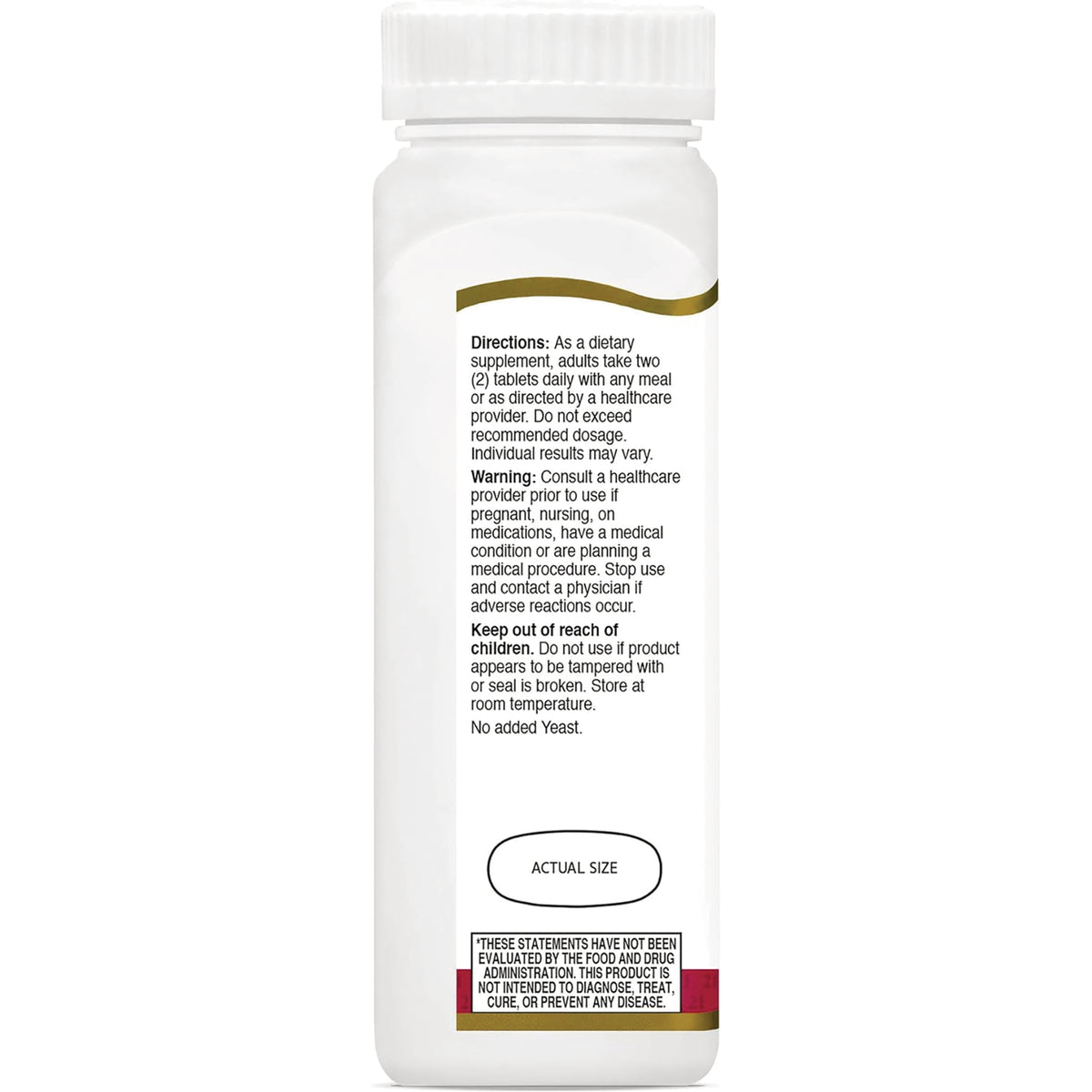 CNT101 | back label of white supplement bottle showing directions, warnings, and an ACTUAL SIZE mark