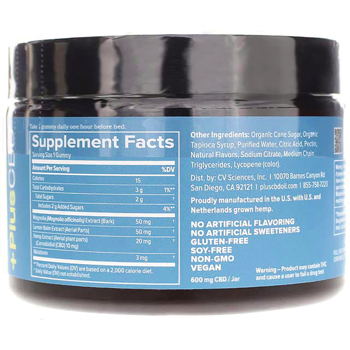 Supplement Facts and ingredients panel on blue jar back showing nutrition facts and claims NO ARTIFICIAL FLAVORING GLUTEN-FREE VEGAN
