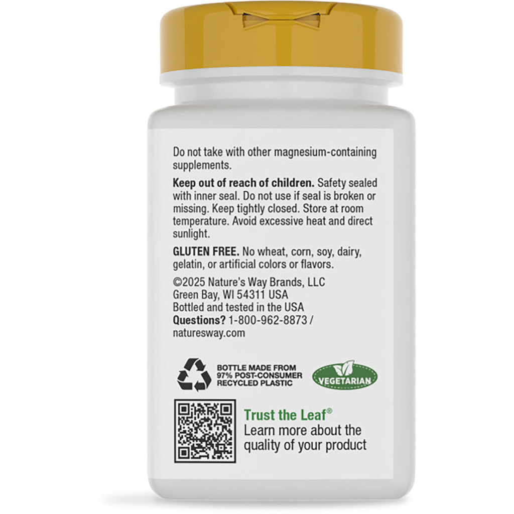 NW360 | back label of green supplement bottle reading Supports Muscle Relaxation, claims, gluten free statement and barcode - Thumbnail
