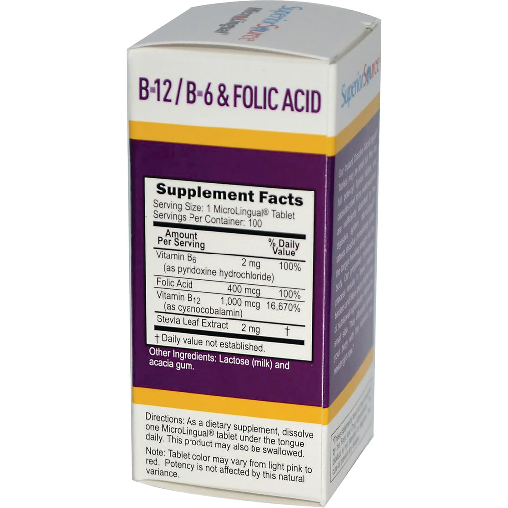 SUS003 | Back of Superior Source B-12/B-6 & Folic Acid MicroLingual tablets box showing Supplement Facts panel - Thumbnail