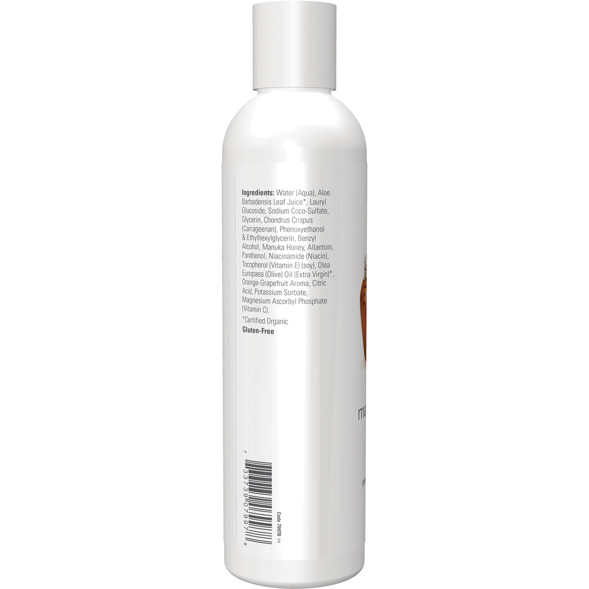 NWF973 | Back of white cylindrical bottle showing ingredients list, gluten-free label and barcode