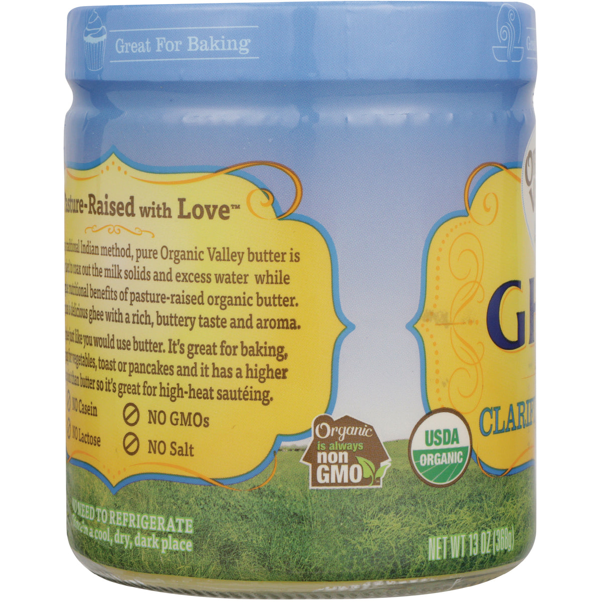 PUF001 | jar side label with pasture-raised butter description, Great For Baking text, non-GMO and USDA Organic logos