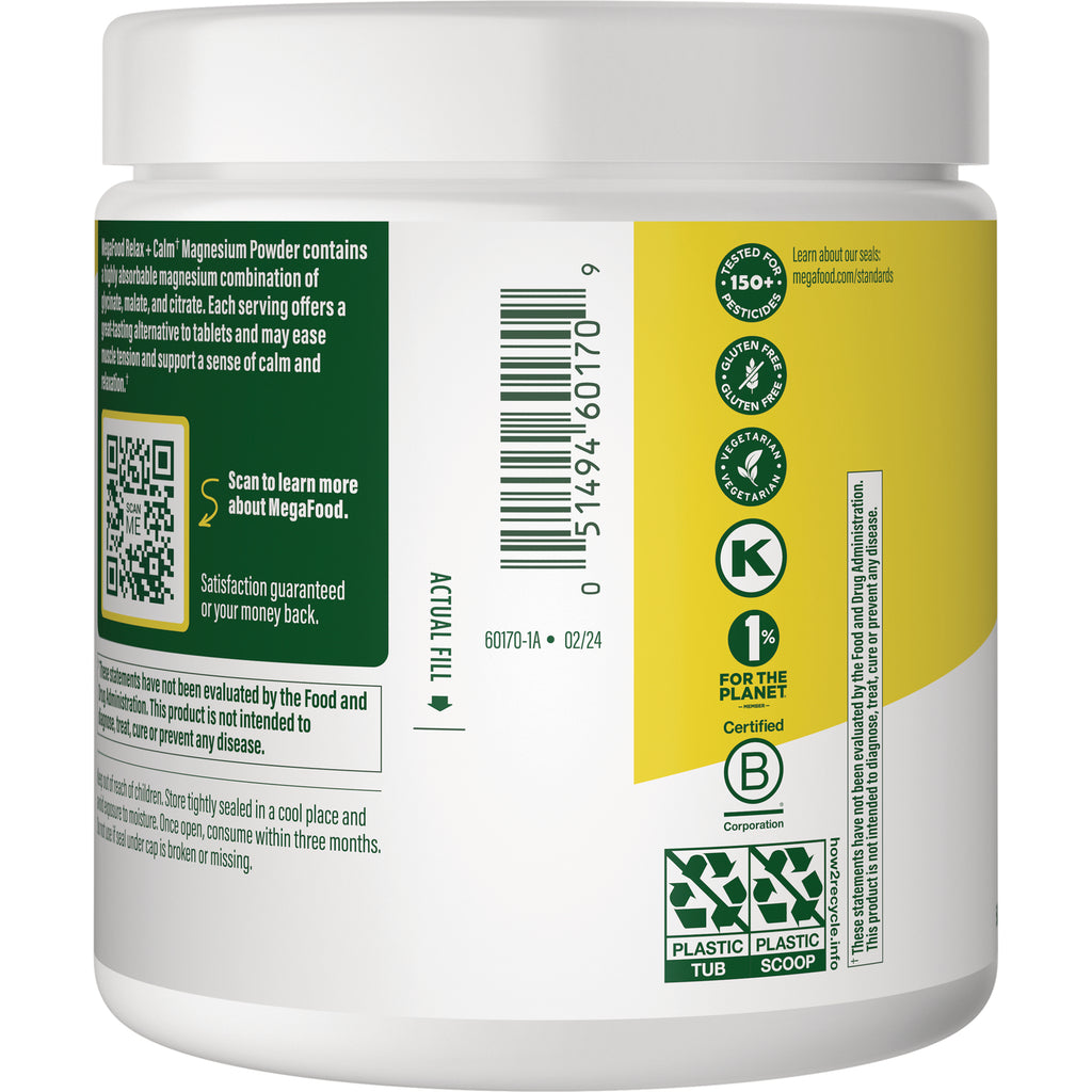 MGF129 | back label of white supplement tub showing barcode, QR code, certification icons and recycling symbols - Thumbnail