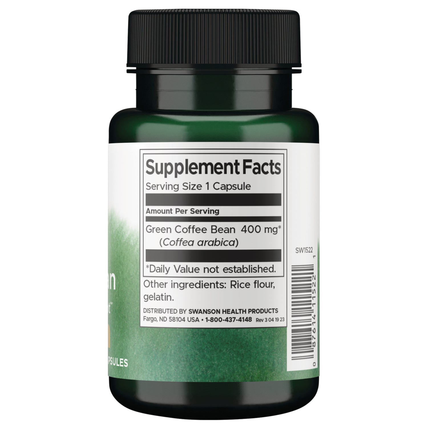 SW1522 | Back label with supplement facts and serving information
