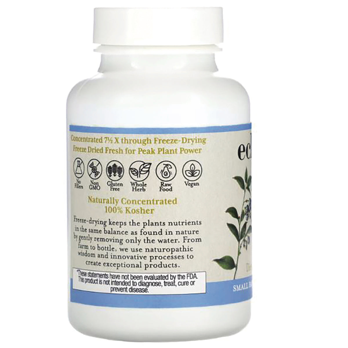 EC018 | back label of white supplement bottle with freeze-drying icons and text Naturally Concentrated 100% Kosher