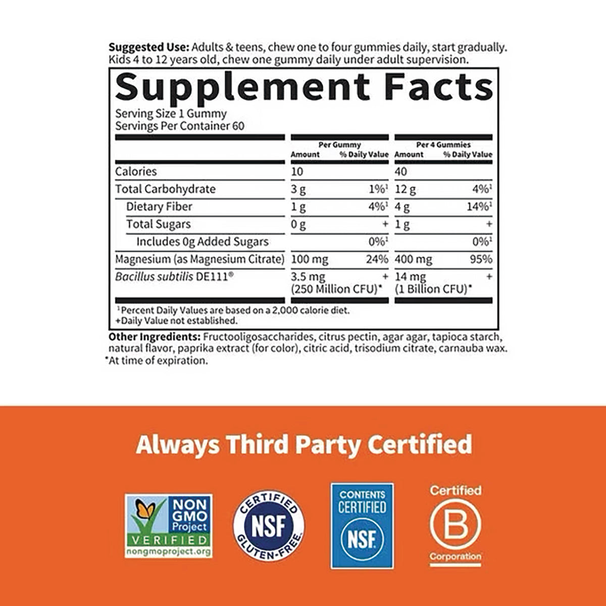 GLF381 | Supplement Facts panel showing serving size, magnesium and probiotic amounts, plus certification badges on orange background
