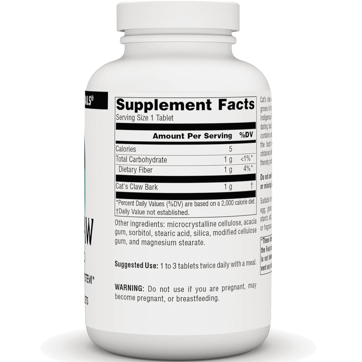 SN233 | Supplement Facts panel on bottle back with serving size 1 tablet and Cat's Claw Bark 1 g