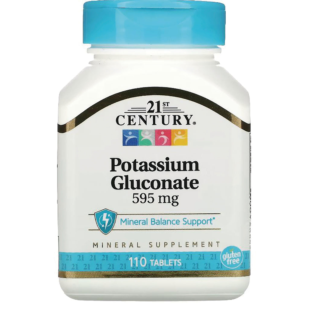 CNT134 | 21st Century Potassium Gluconate 595 mg white bottle front label, 110 tablets - Thumbnail