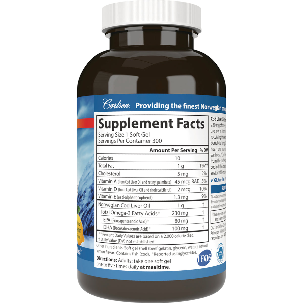 Supplement Facts label on bottle showing serving size, Total Omega-3 230 mg, EPA 80 mg, DHA 100 mg and directions