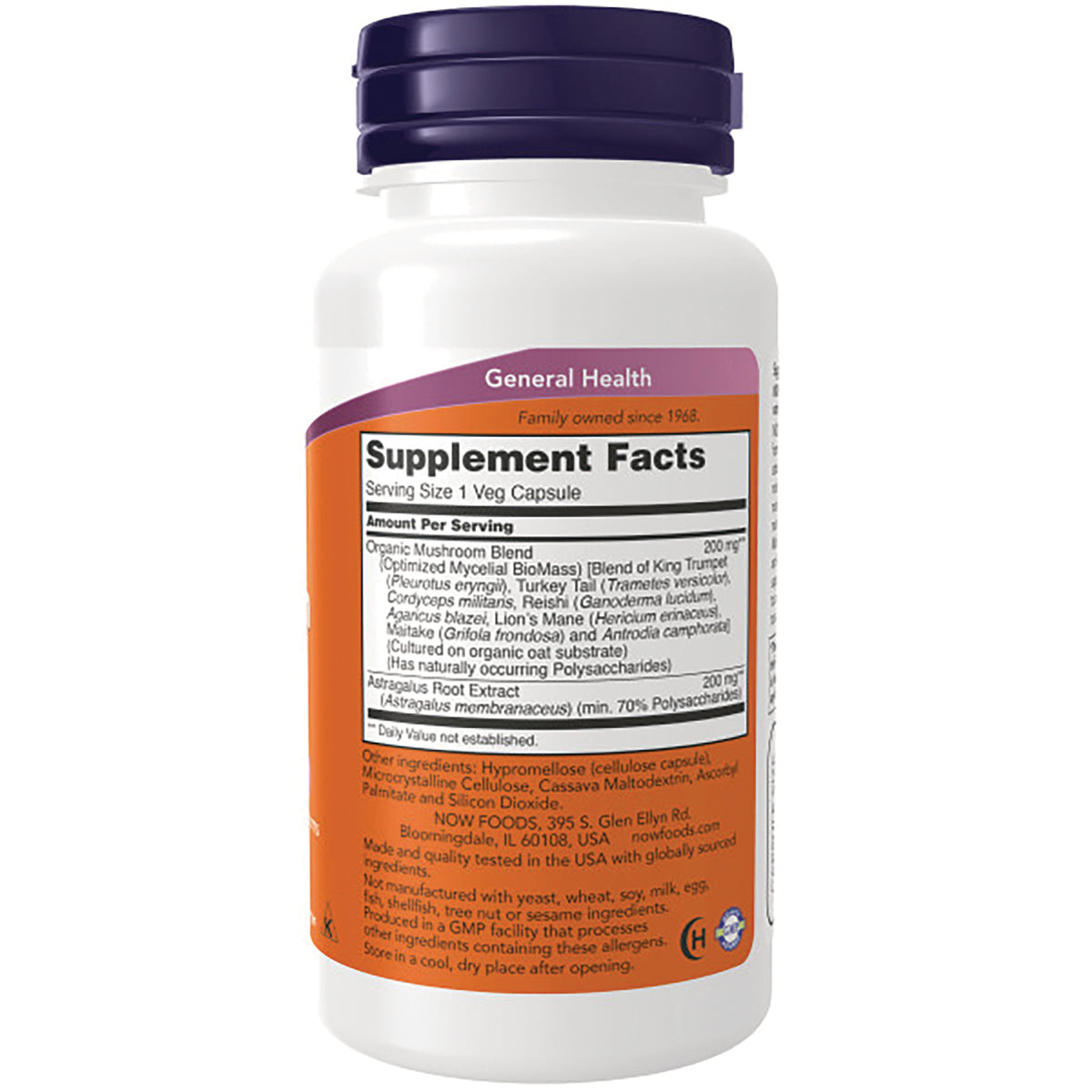 NWF827 | back of white supplement bottle showing Supplement Facts panel and orange label
