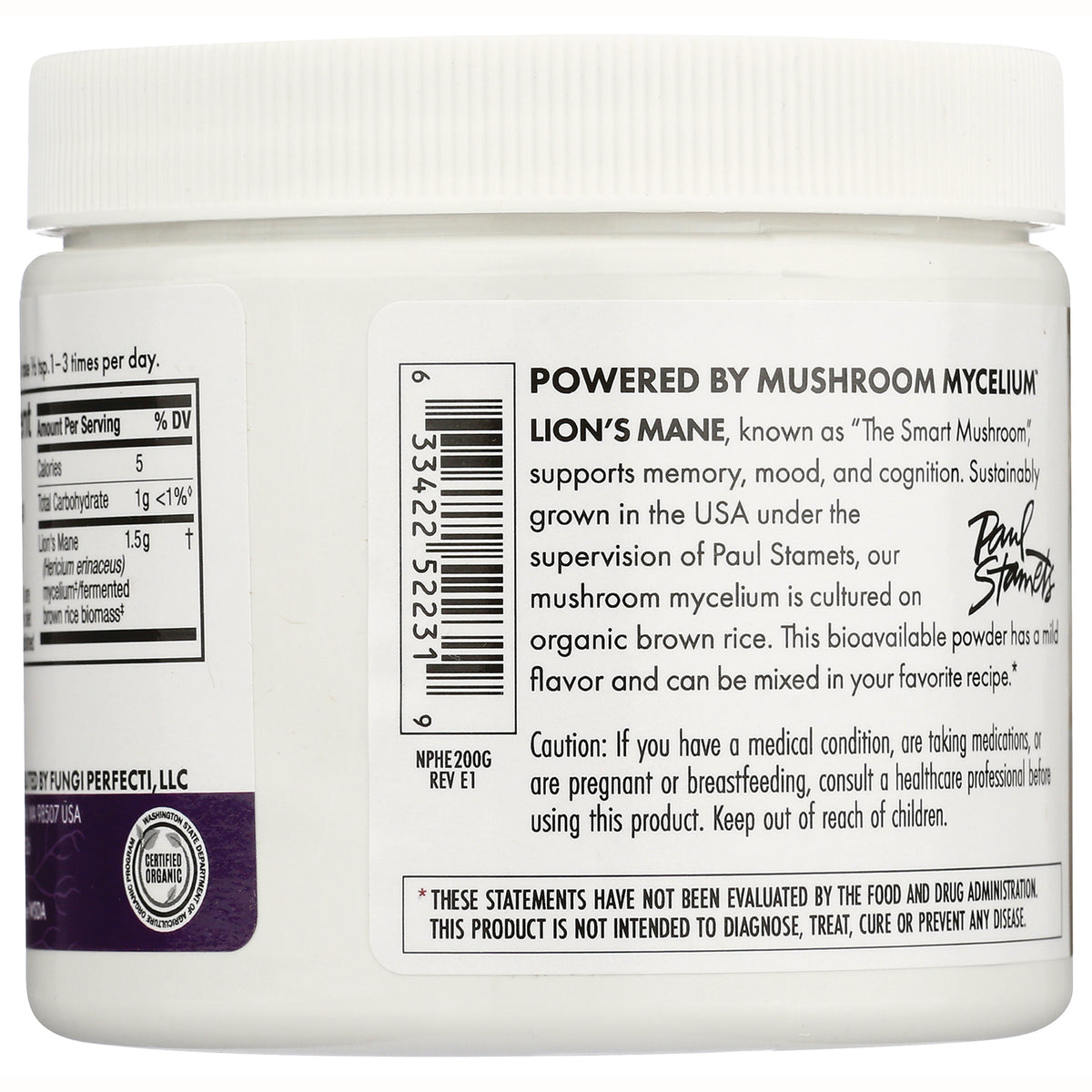 FUN045 | back of white supplement jar label showing Powered by Mushroom Mycelium Lion's Mane text, barcode, caution and FDA disclaimer