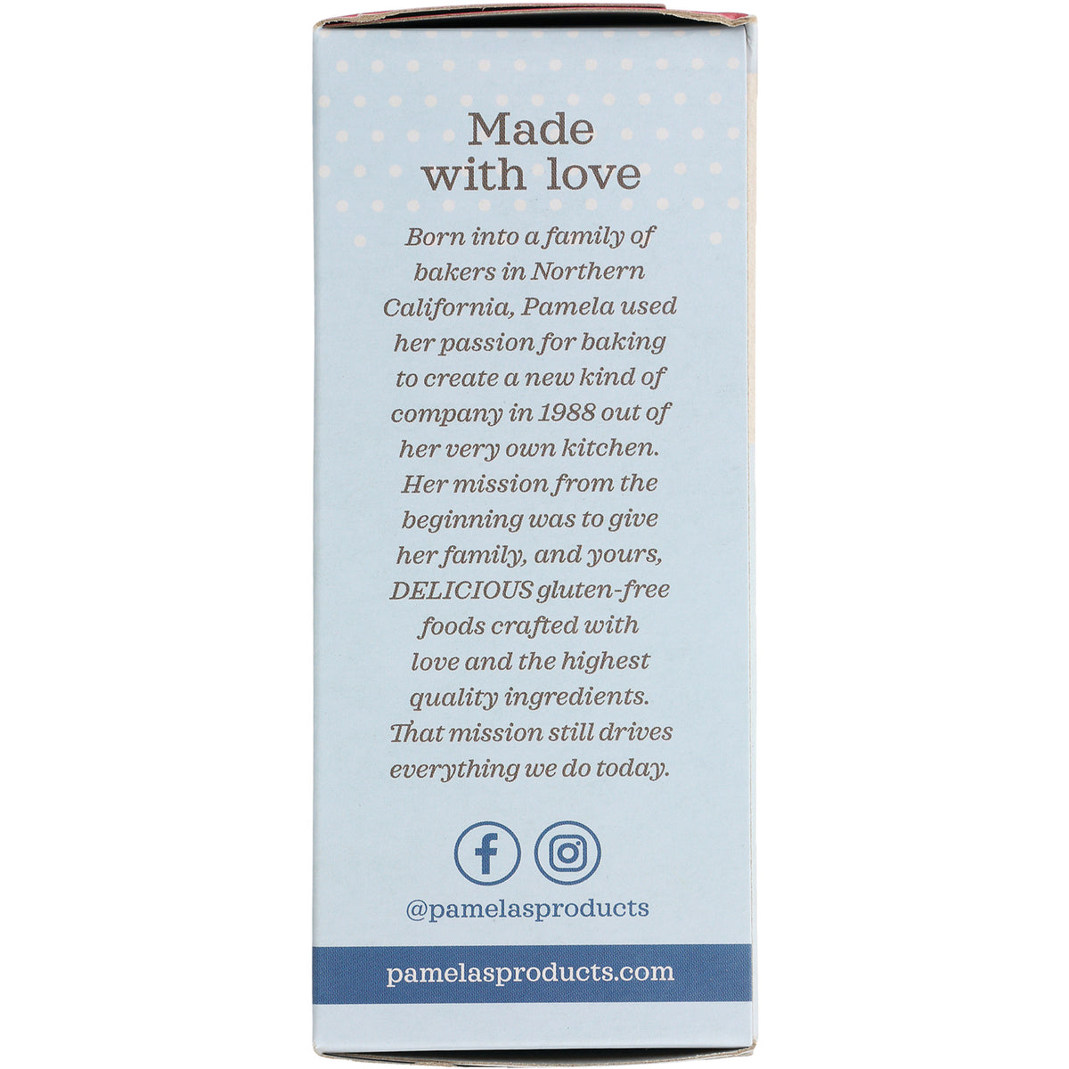 PAM011 | back panel with brand story text, social icons and pamelasproducts.com