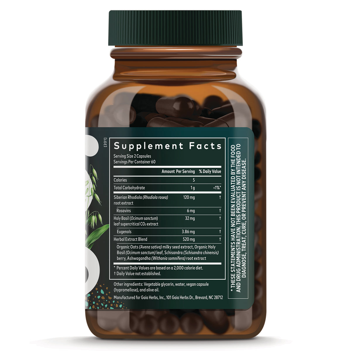 GH041 | Back label showing Supplement Facts panel and ingredient list on amber bottle with capsules