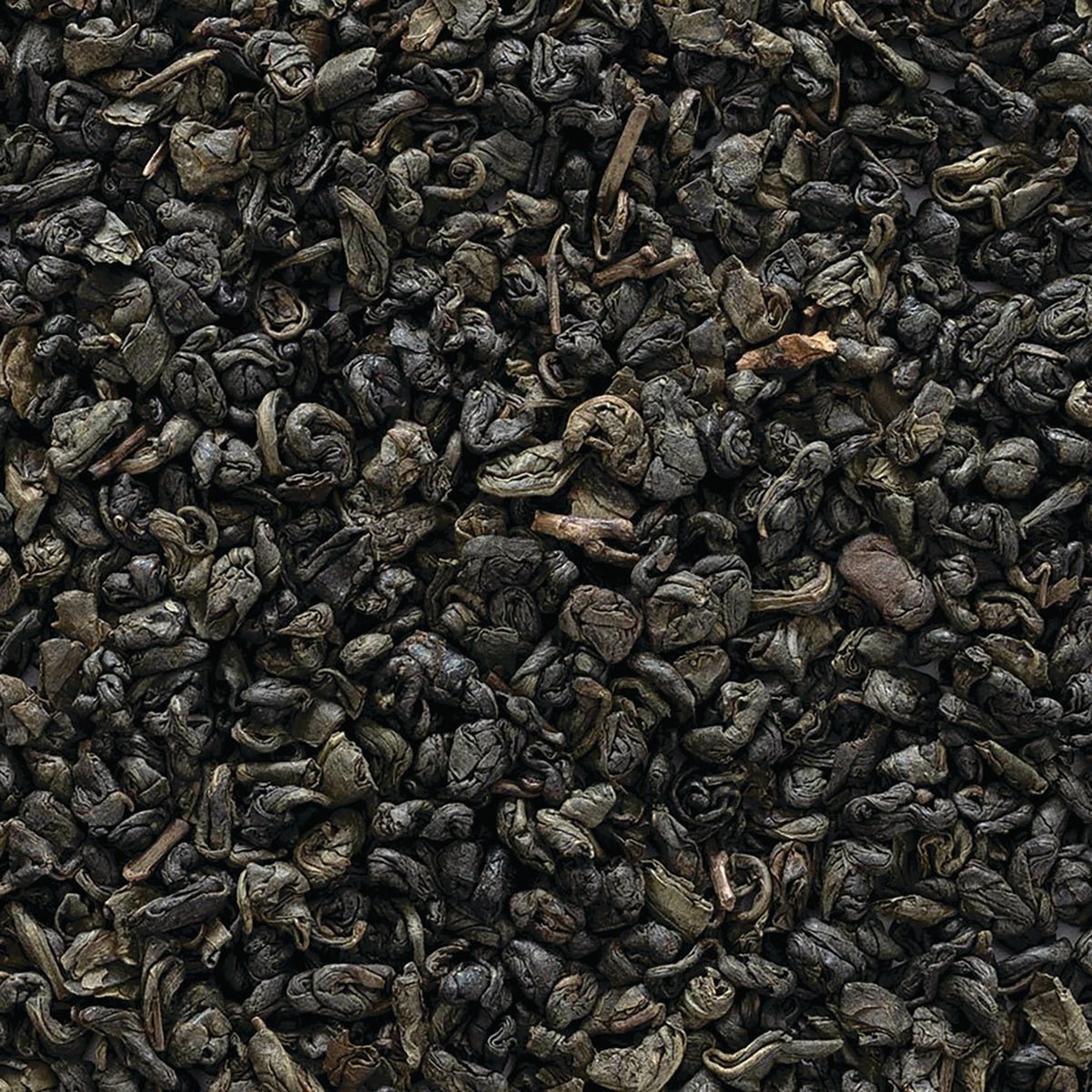 FNP031 | close-up of rolled loose green tea leaves with dark green curled leaves and small stems