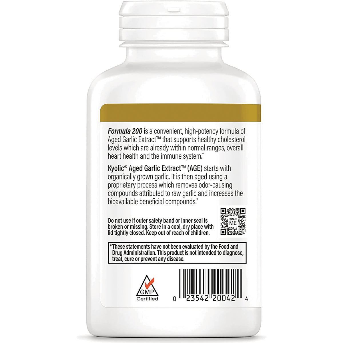 KY068 | Back label of white supplement bottle reading Formula 200 and Kyolic Aged Garlic Extract (AGE), barcode and GMP certified mark