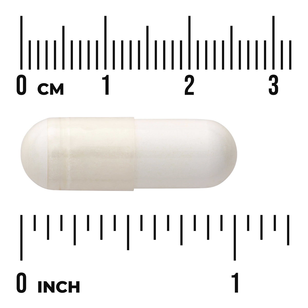 SW659 | White capsule shown with centimeter and inch ruler for size reference