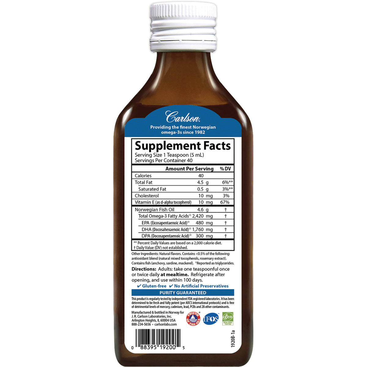 CSN318 | back of brown Carlson supplement bottle showing Supplement Facts panel, nutrition facts and directions