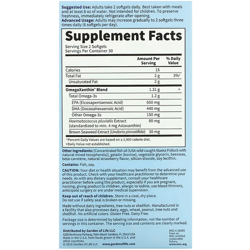 GLF040 | Supplement Facts back panel showing serving size, omega-3 amounts, other ingredients and caution statements - Thumbnail
