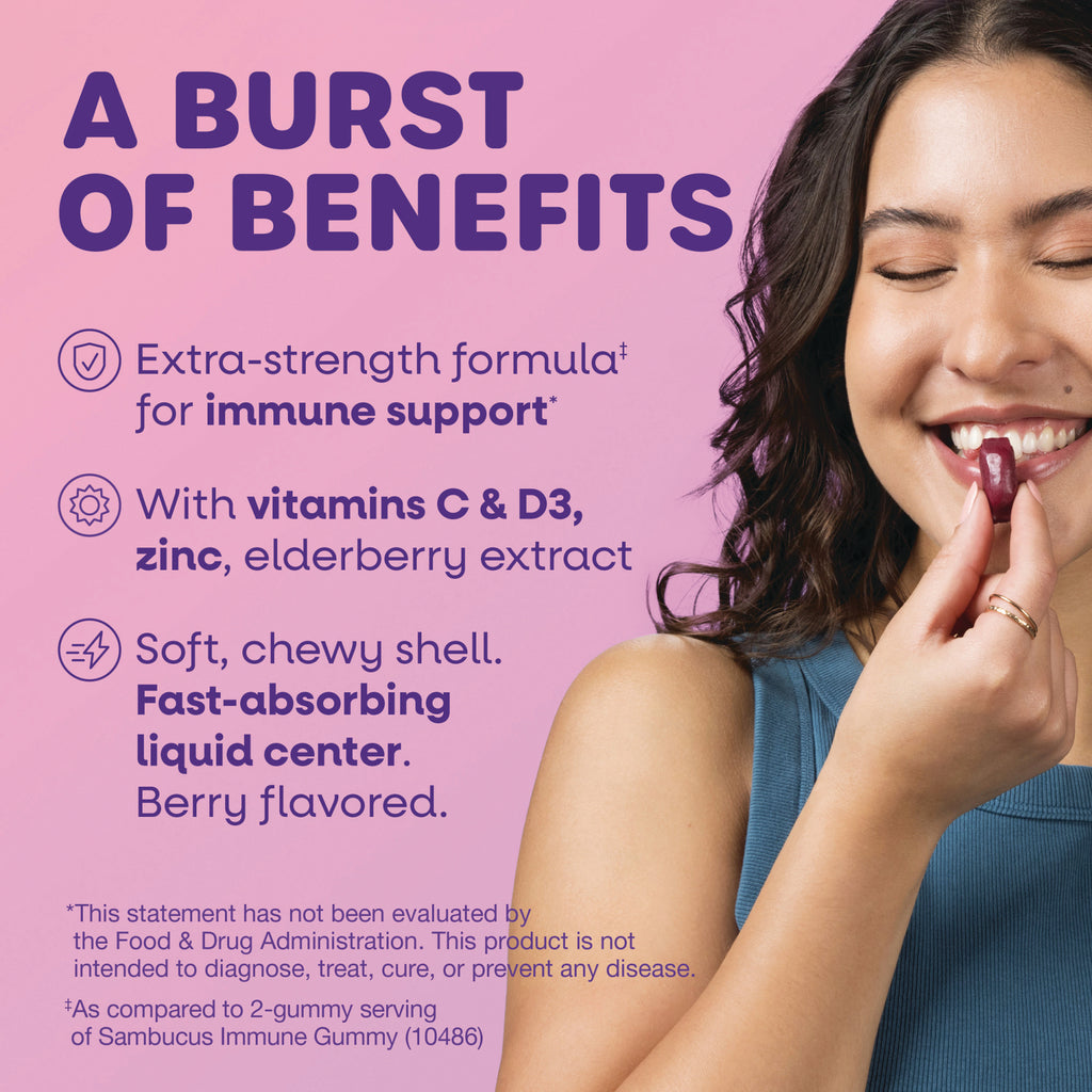NW1072 | Woman eating a berry gummy beside text listing extra-strength immune support, vitamins C & D3, zinc, elderberry - Thumbnail