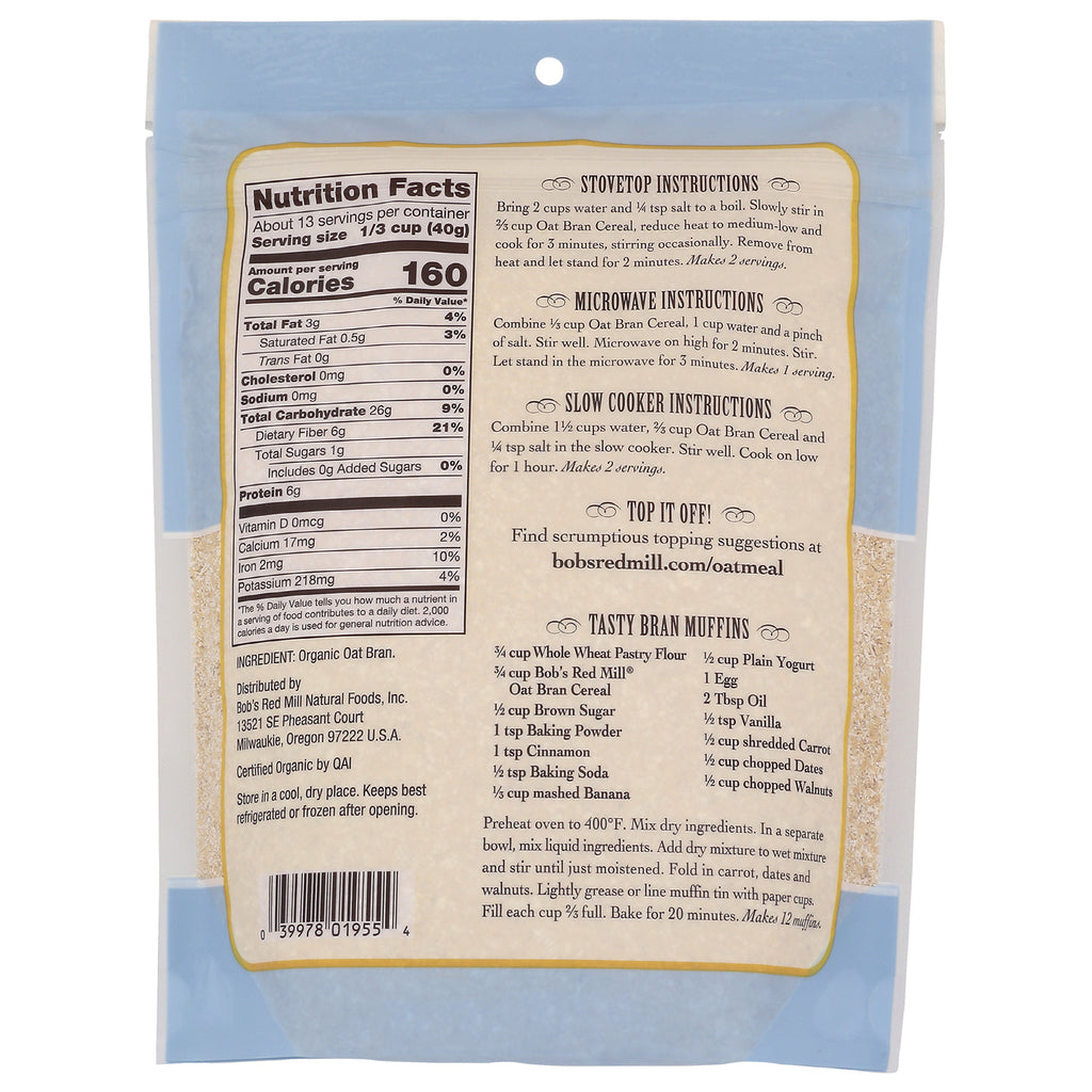BOB314 | Back of oat bran bag showing Nutrition Facts panel, barcode, and cooking instructions - Thumbnail