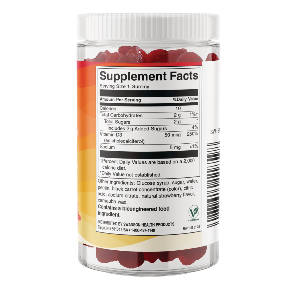 SW1859 | Supplement Facts panel with serving size 1 gummy, calories, carbs, sugars, and Vitamin D3 50 mcg - Thumbnail