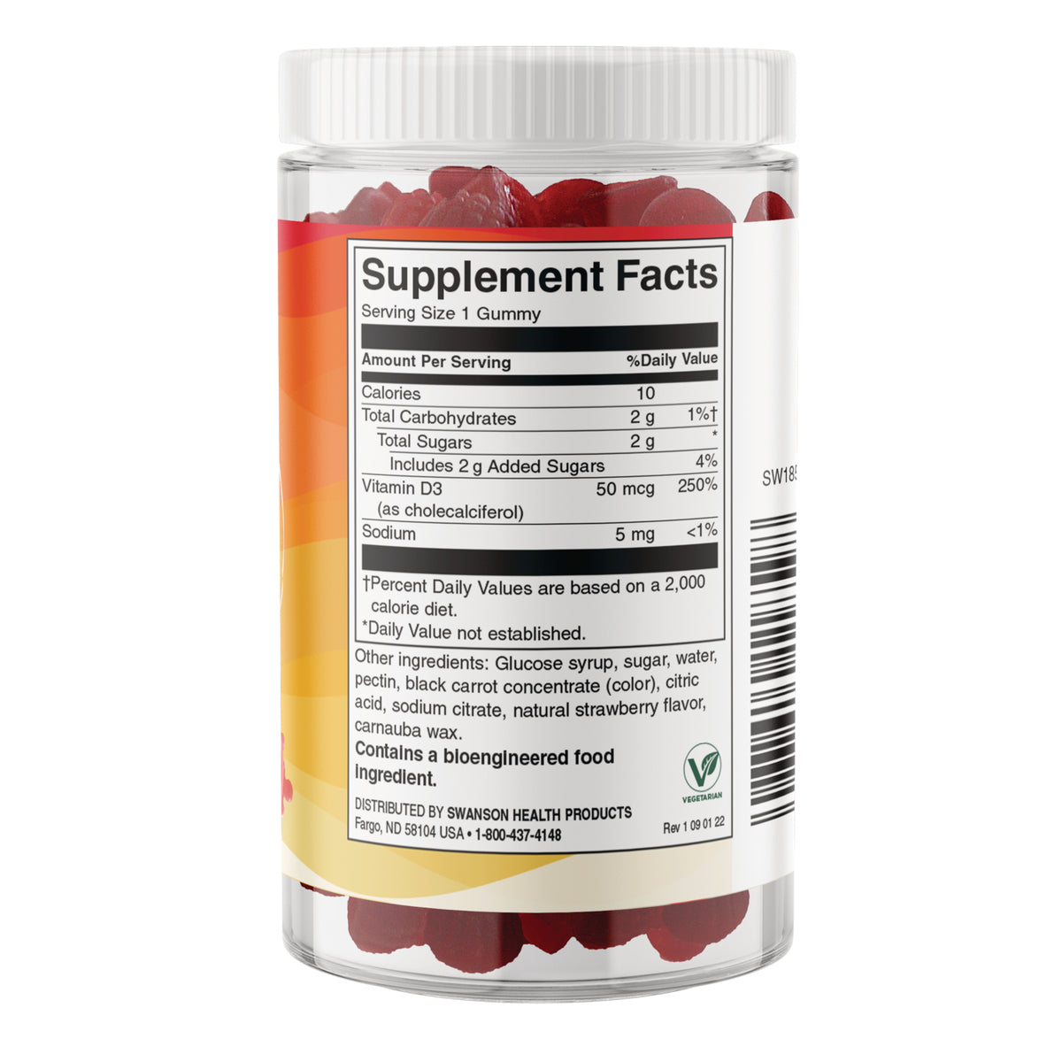 SW1859 | Supplement Facts panel with serving size 1 gummy, calories, carbs, sugars, and Vitamin D3 50 mcg