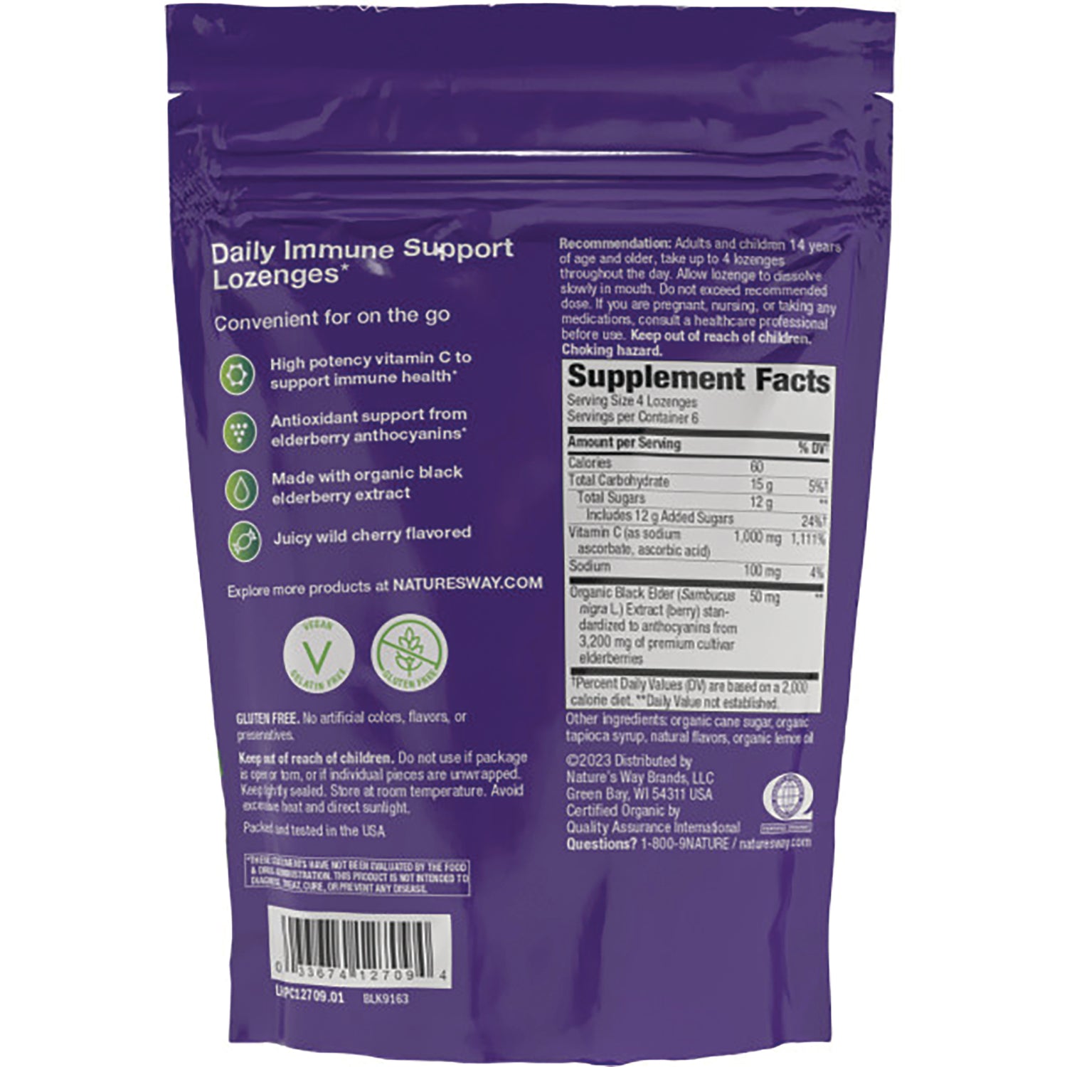 NW995 | back of purple pouch showing supplement facts, ingredient and usage text for Daily Immune Support lozenges