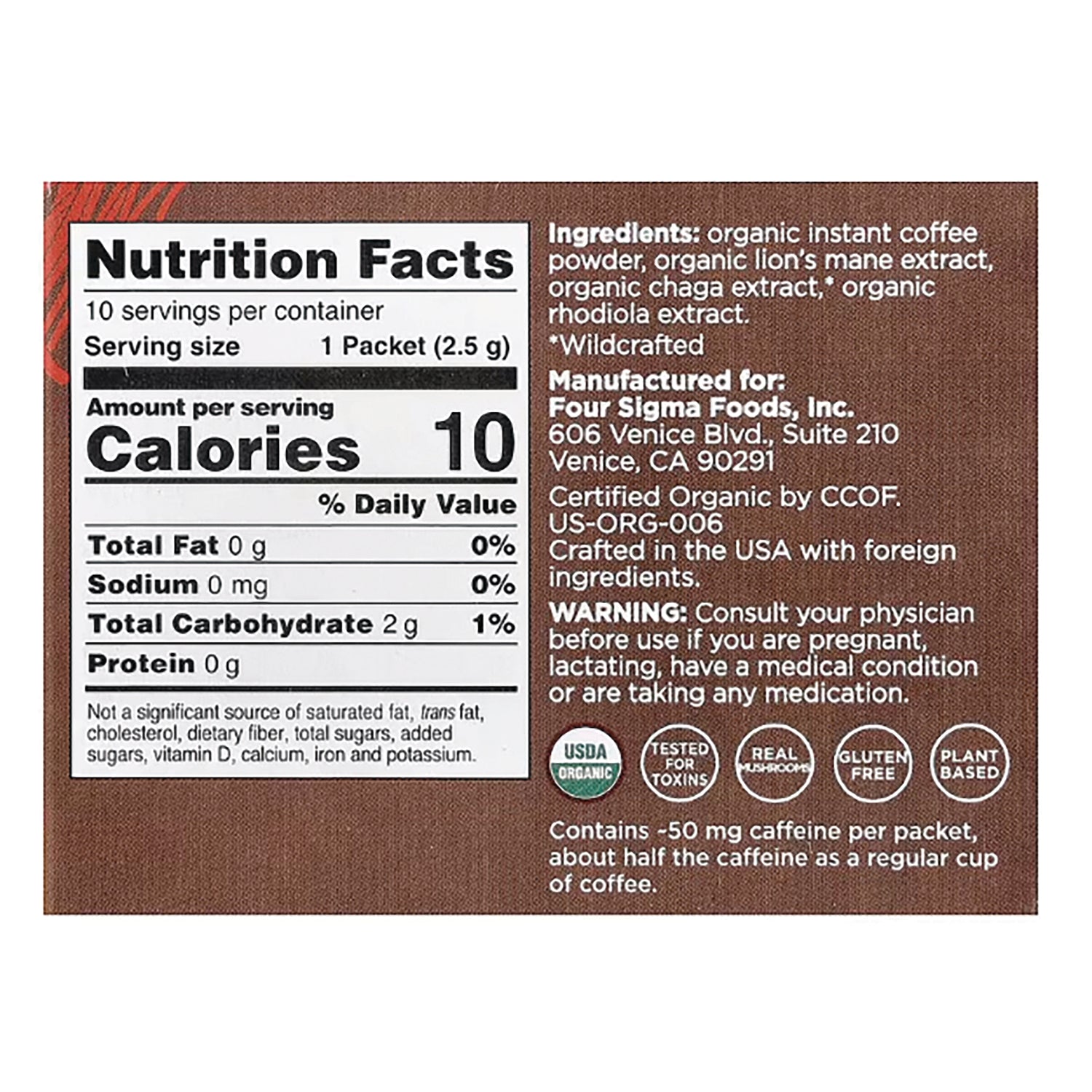 FSF008 | Nutrition facts panel and ingredients list for instant mushroom coffee packet showing calories, serving size, and warnings
