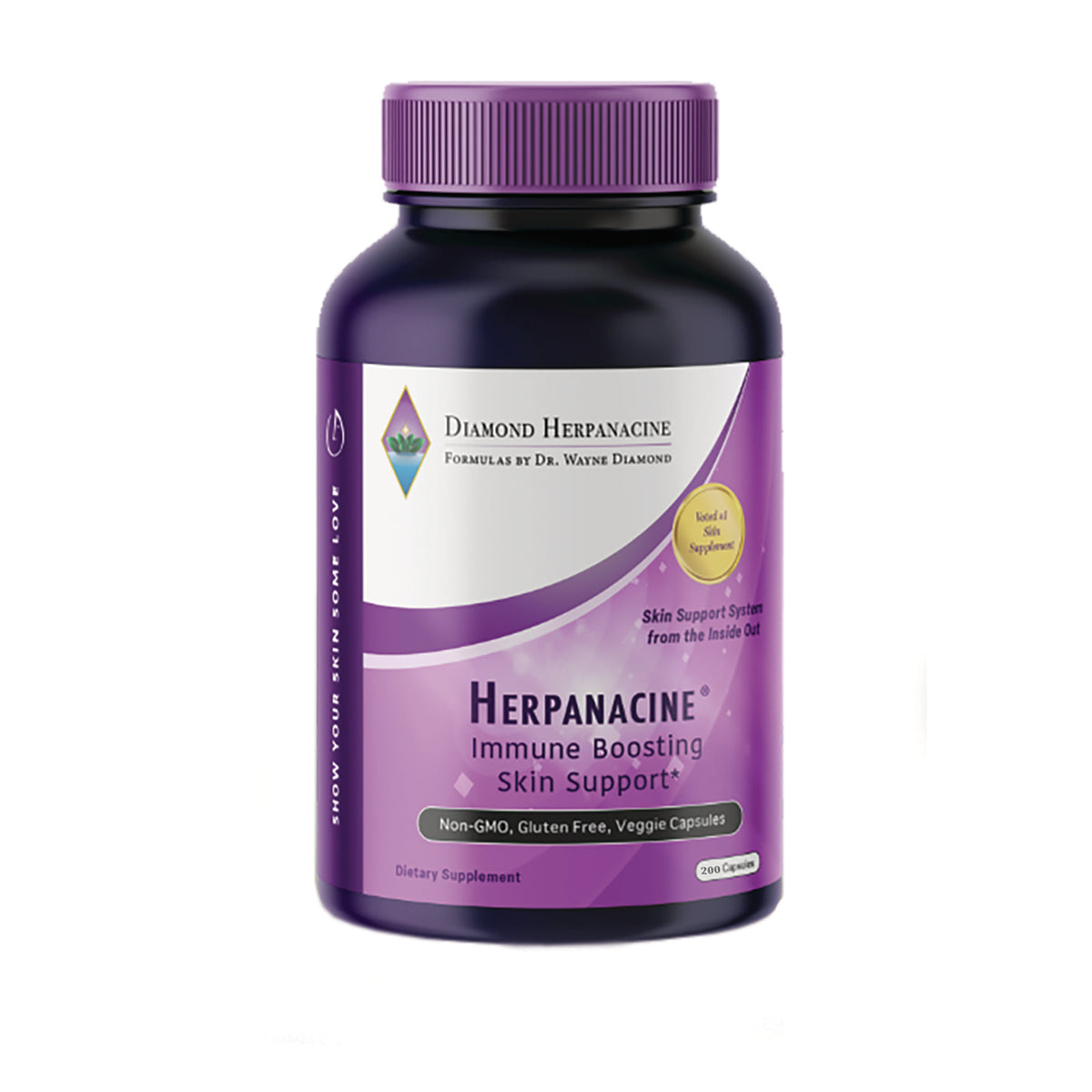 Purple supplement bottle labeled Herpanacine Immune Boosting Skin Support with Diamond Herpanacine logo