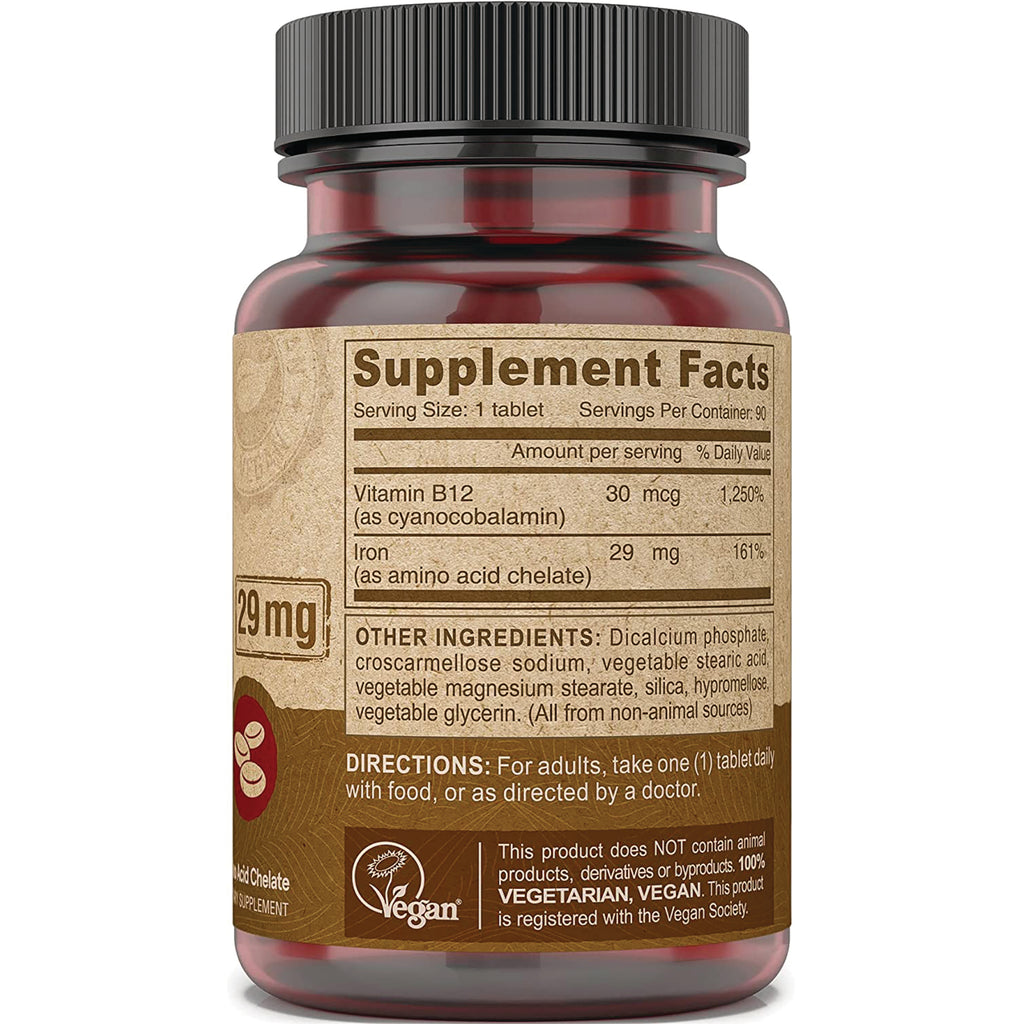 DEV013 | Supplement Facts label on brown bottle showing Vitamin B12 30 mcg, Iron 29 mg, other ingredients, directions and vegan logo - Thumbnail