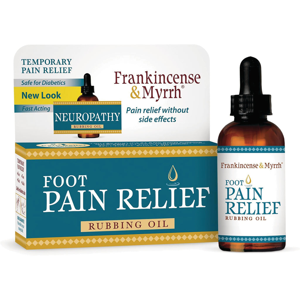 FMY001 | Frankincense & Myrrh foot pain relief rubbing oil box and dropper bottle labeled FOOT PAIN RELIEF and Neuropathy - Thumbnail