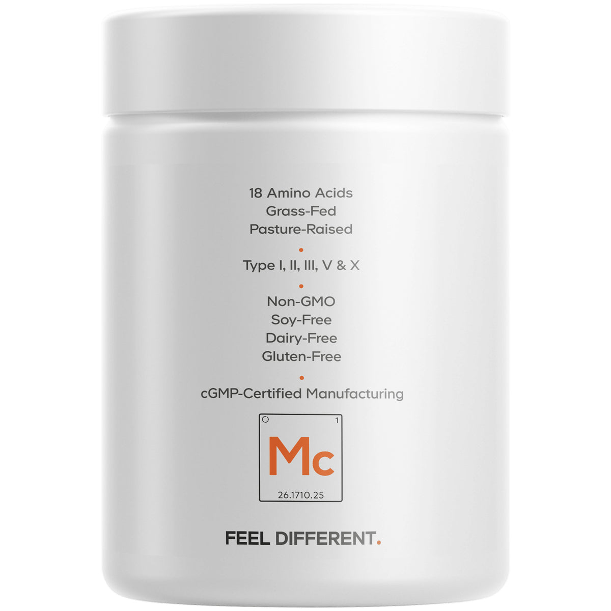 CDG026 | Back label of white supplement jar listing 18 amino acids, grass-fed, pasture-raised, non-GMO, soy-free, dairy-free, gluten-free