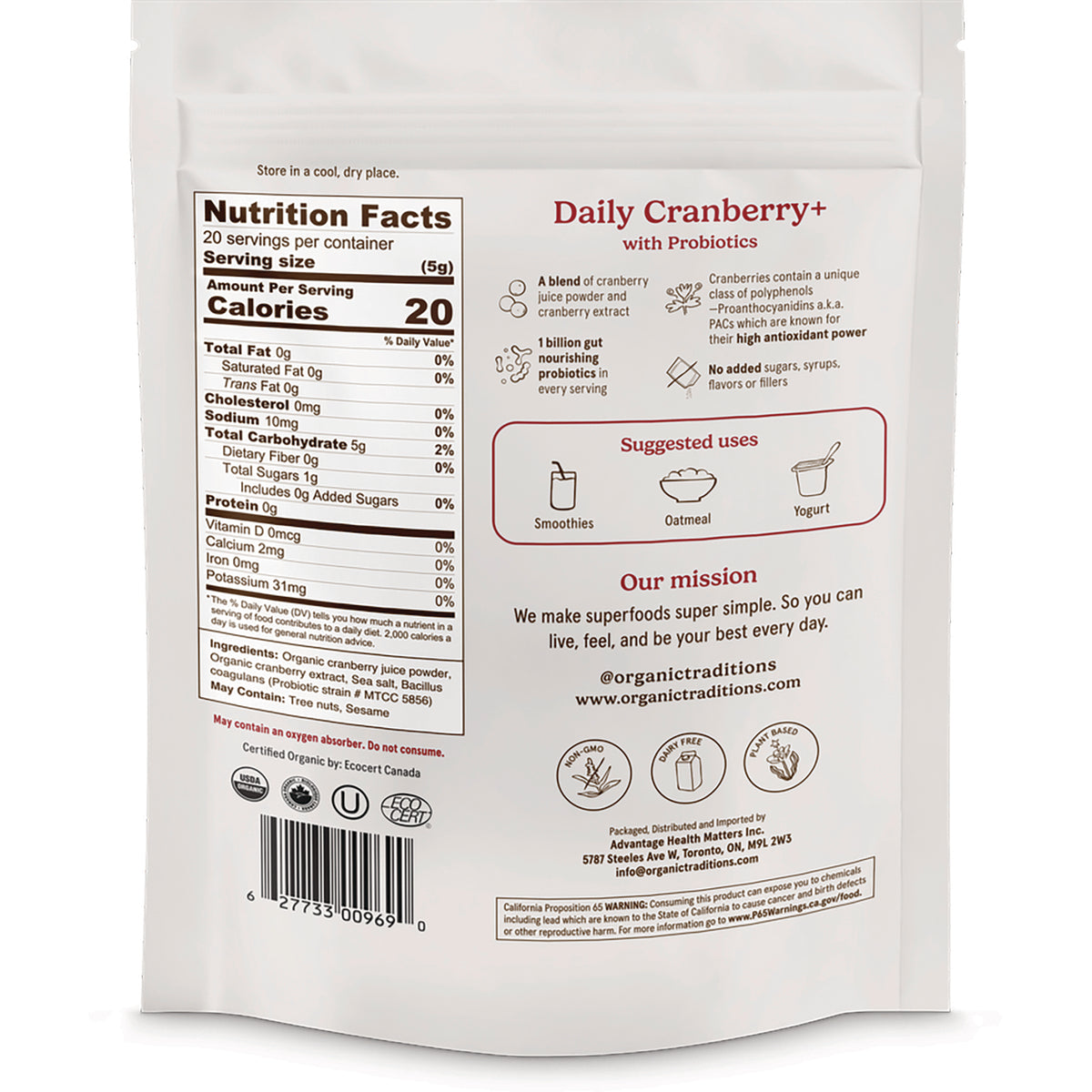 OTR106 | Back of white pouch showing Nutrition Facts panel, barcode, and Daily Cranberry+ suggested uses