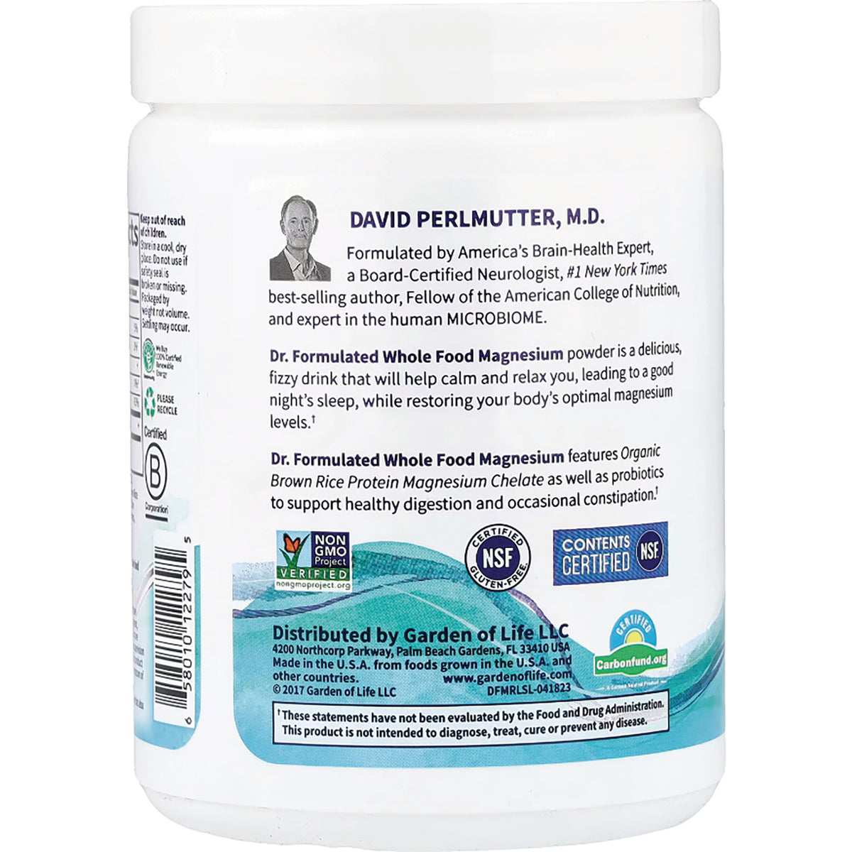GLF250 | Back label of white supplement tub showing product description, certifications, and distributor info
