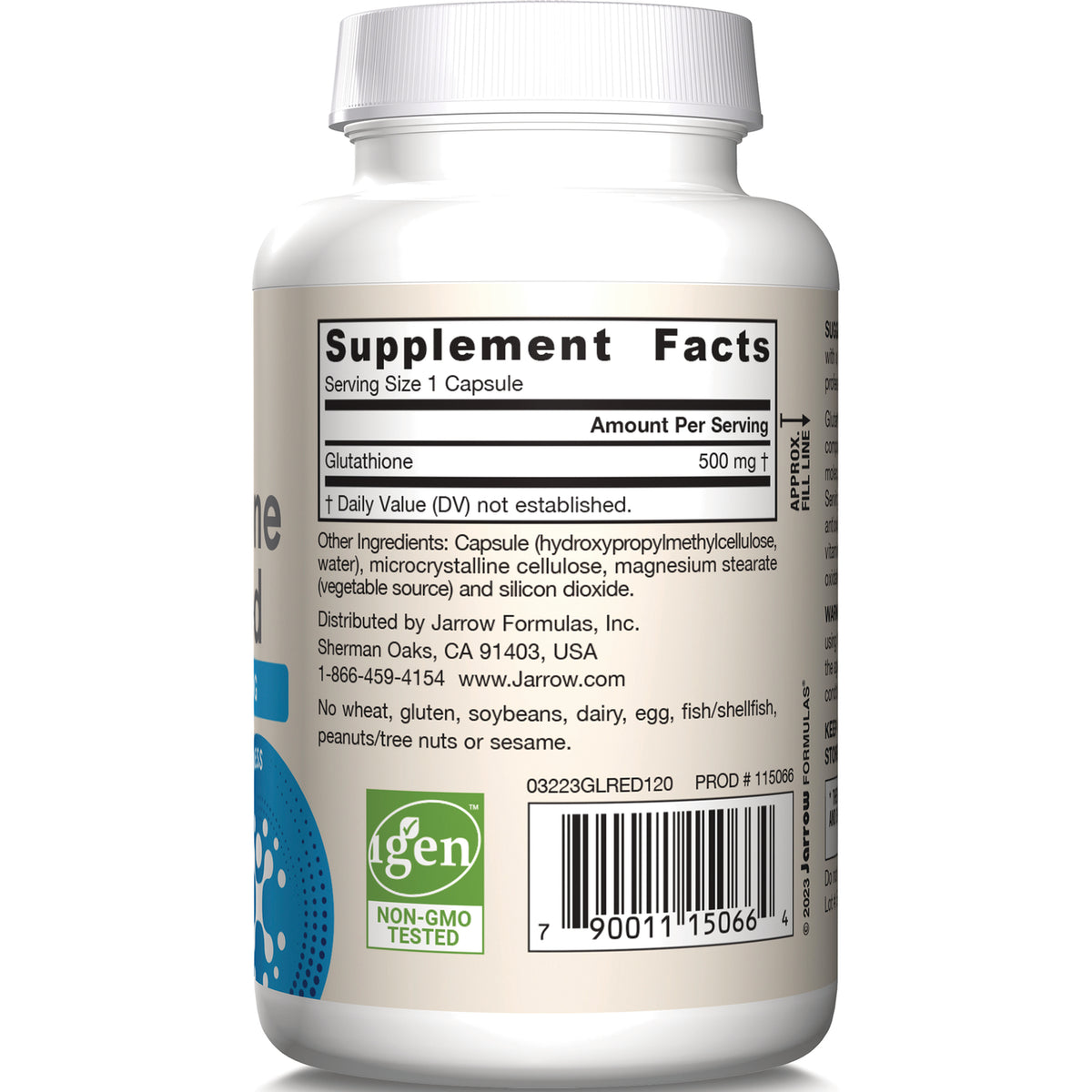 JR319 | bottle back showing Supplement Facts panel, ingredients list, barcode and non-GMO tested logo
