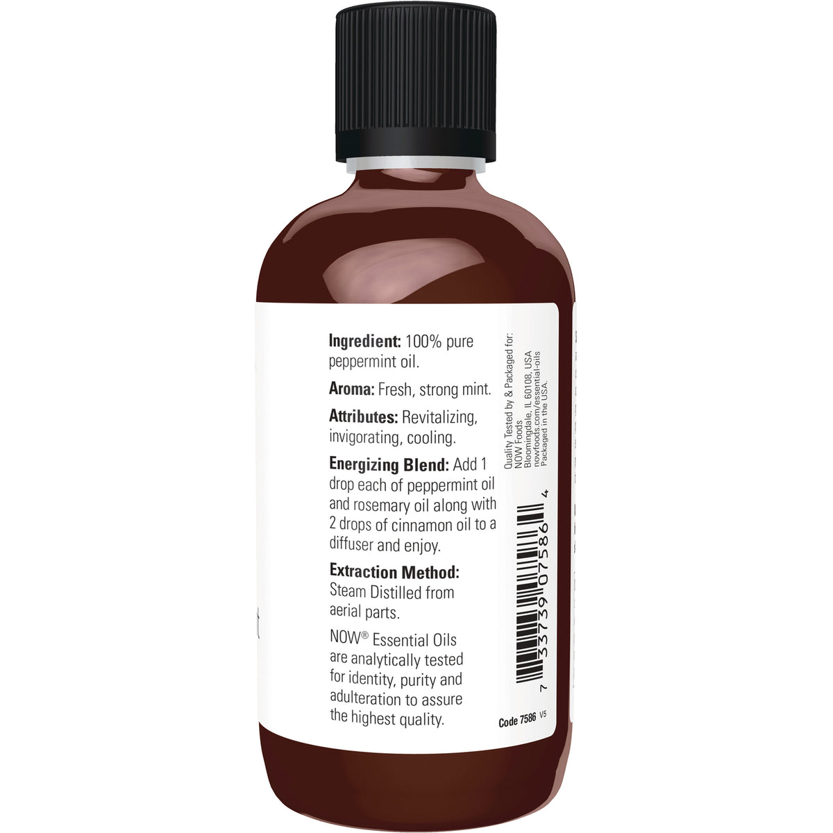 NWF145 | Back label of amber bottle reading Ingredient: 100% pure peppermint oil, aroma, attributes, extraction method and barcode