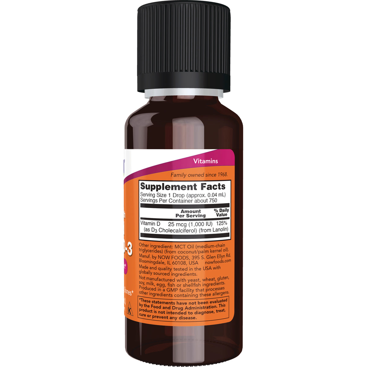 NWF1155 | Back of brown supplement dropper bottle showing Supplement Facts panel and ingredient text