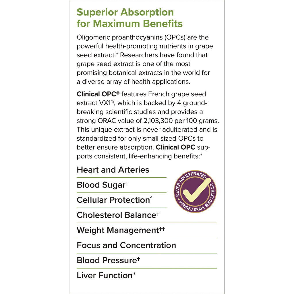 Back label describing Clinical OPC grape seed extract benefits and listing heart, blood sugar, cellular protection, liver function with verified seal - Thumbnail