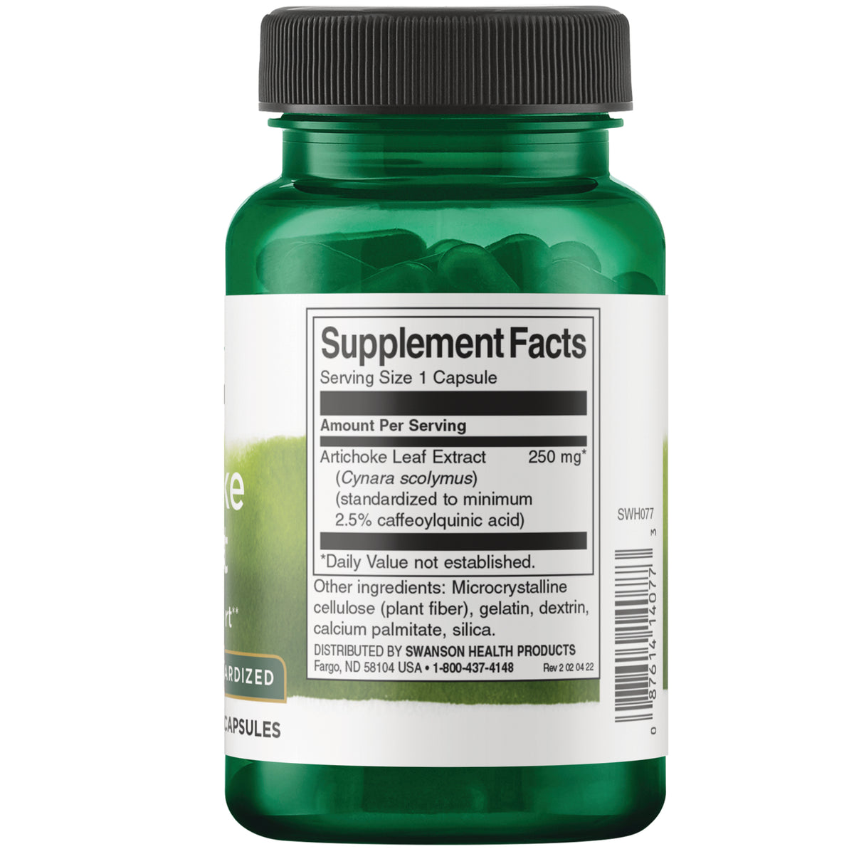 SWH077 | Back label with Supplement Facts for Artichoke Leaf Extract 250 mg, serving size 1 capsule