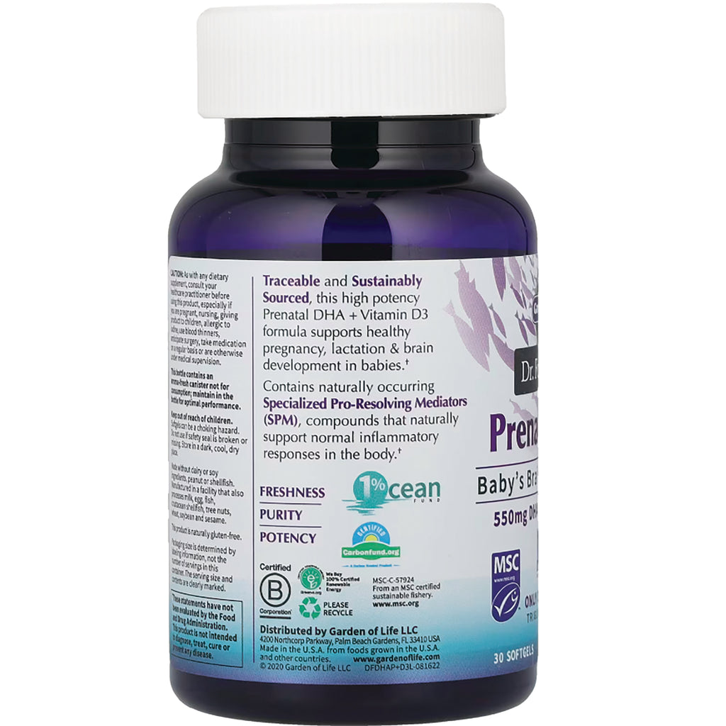 GLF320 | Back label of prenatal DHA supplement bottle showing product information, usage text, and certification logos - Thumbnail