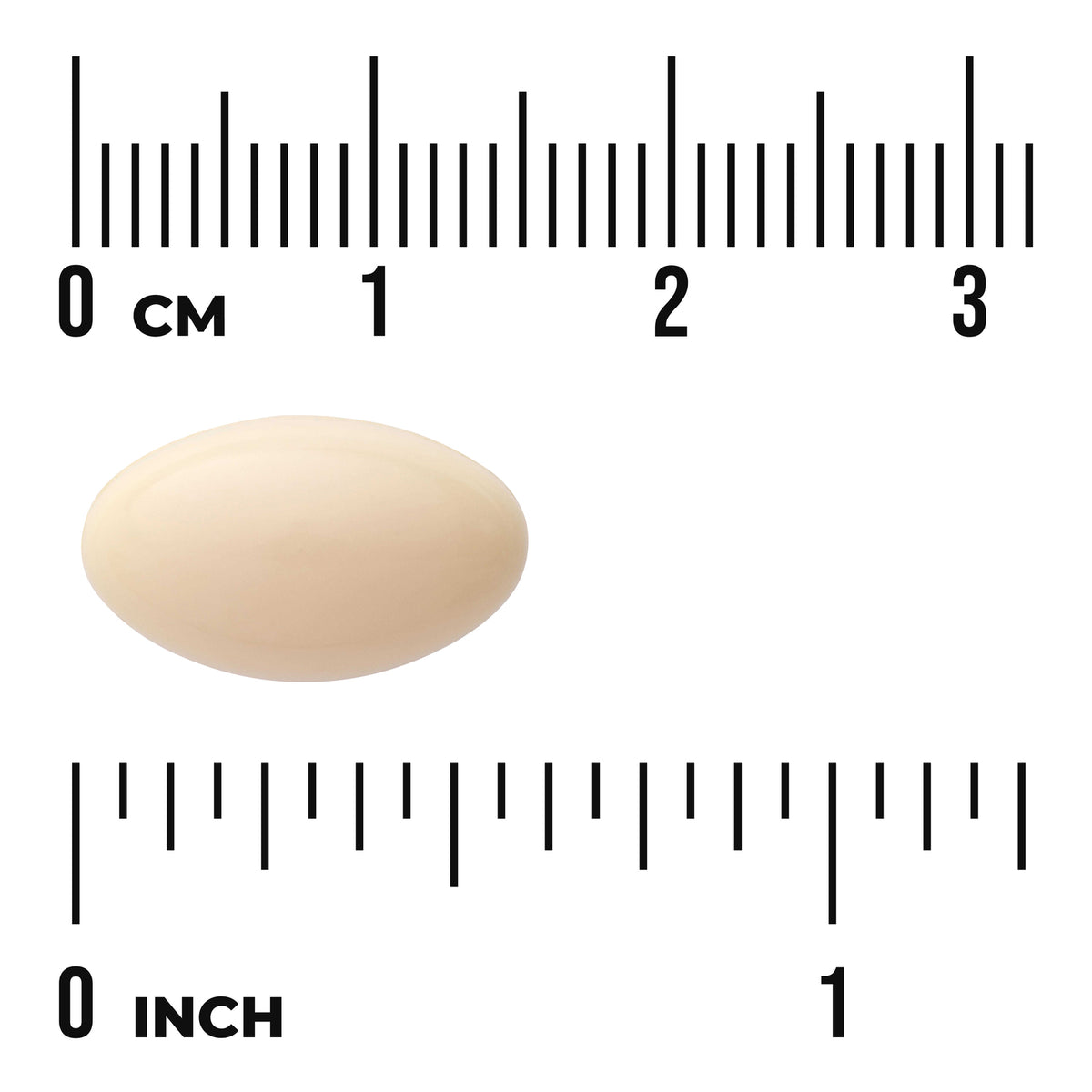 SWU750 | Beige oval tablet next to centimeter and inch rulers showing scale, visible text 'CM' and 'INCH'