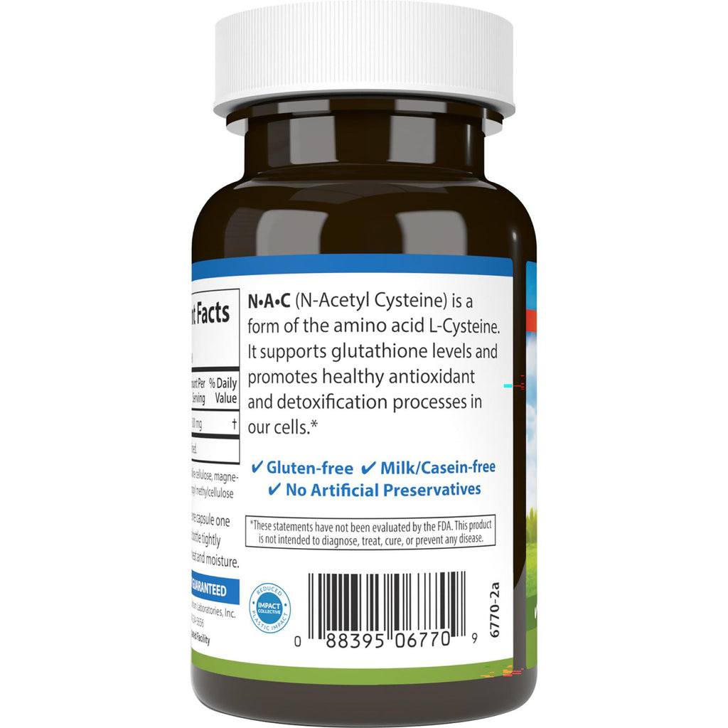 CSN193 | Back of supplement bottle label showing N-A-C description, gluten-free milk/casein-free claims and barcode - Thumbnail