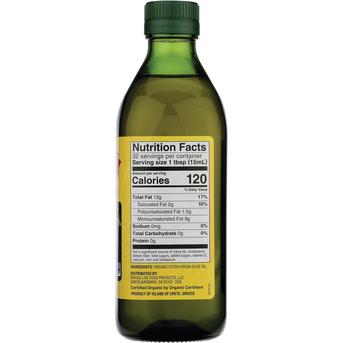 BR010 | Bottle back showing Nutrition Facts label with Calories 120 and ingredients listing organic extra virgin olive oil