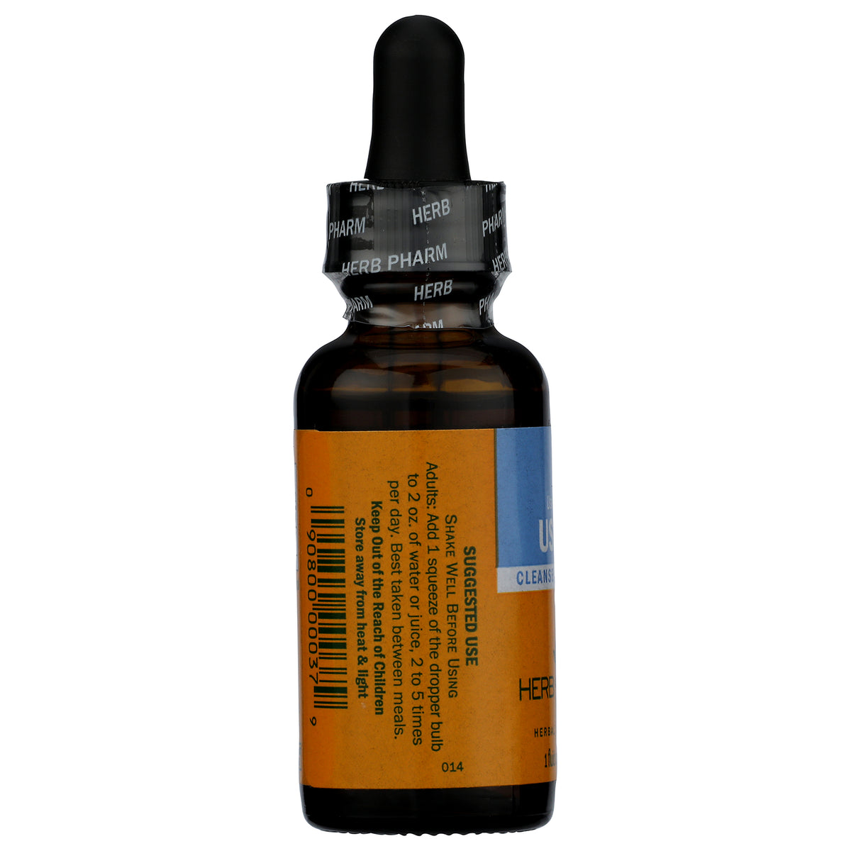 Amber dropper bottle with black cap and orange label, showing suggested use instructions